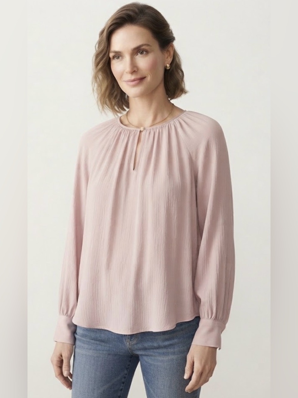 Old Navy Falling Petal Pink Satin Shirred Long Sleeve Blouse - Size L